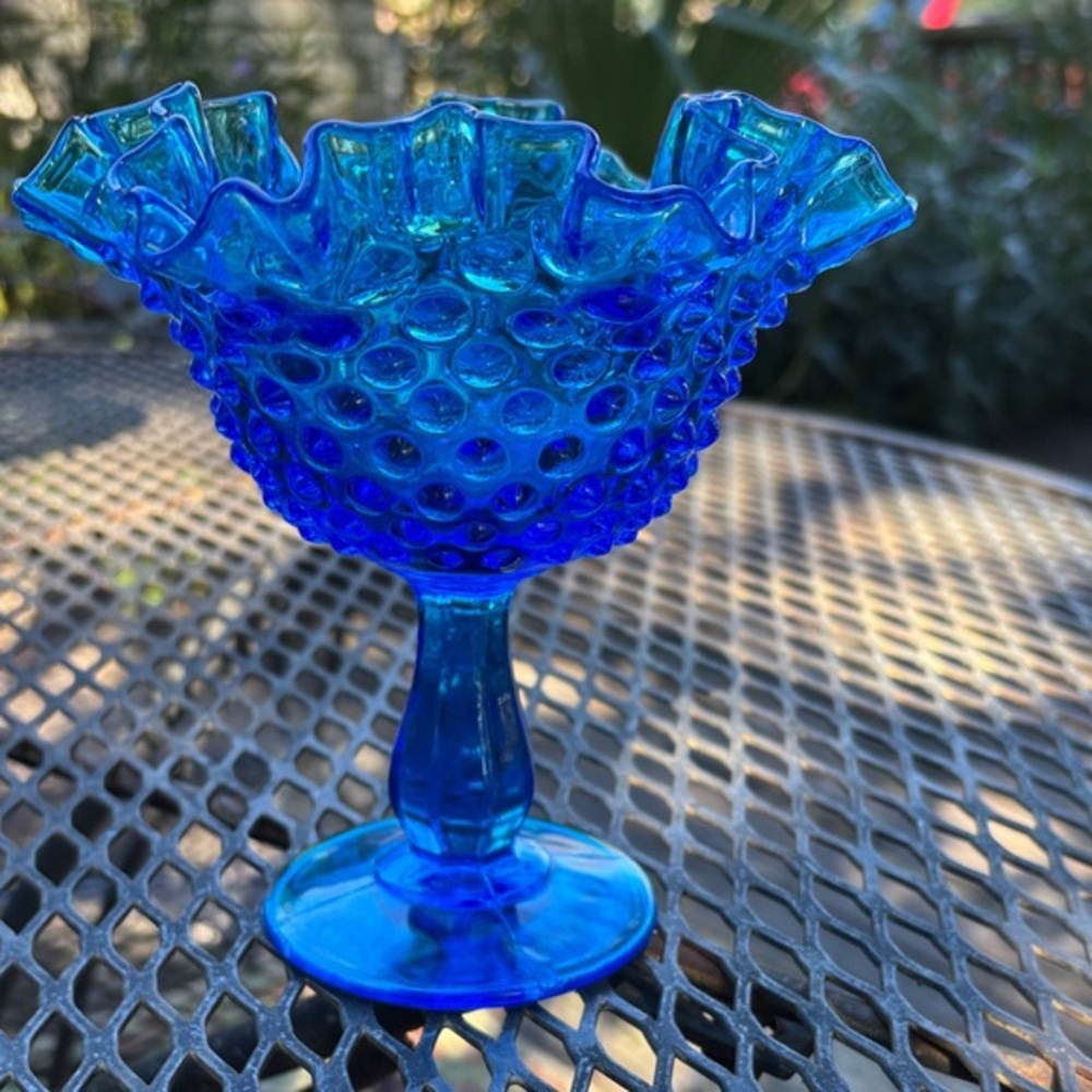 SOLD!! Fenton Colonial Blue Hobnail Ruffled Edge Compote dish - Picture 1 of 9